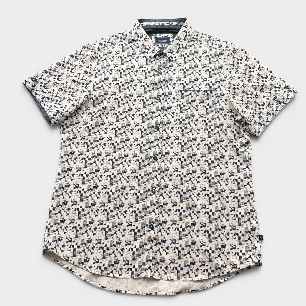 7Diamonds Button Down Mens L White Blue Geo 4-Way Stretch Short Sleeve Shirt - Picture 2 of 12